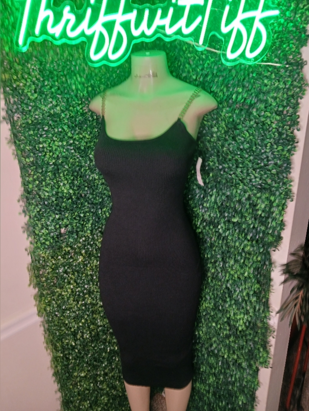 Black Ribbed Midi Dress with Chain Straps